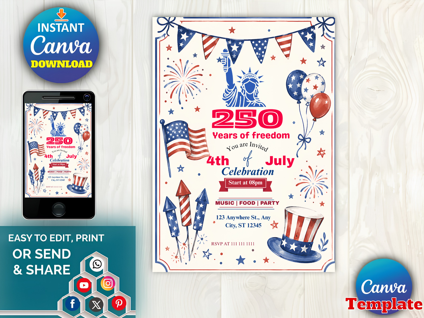 America 250th Anniversary Invitation Template, 4th of July Party Invitation, USA Patriotic Red White Blue BBQ Invite Editable Canva Invite