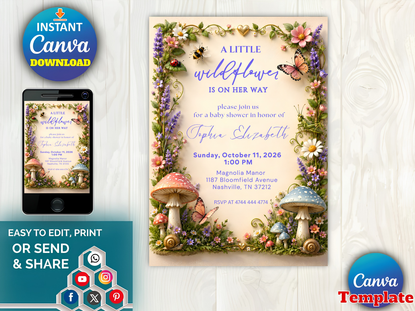 Love Bug Baby Shower Invitation, Spring Garden Shower Invite, Whimsical Floral Baby Shower Invitation, Editable Baby Shower Canva Template