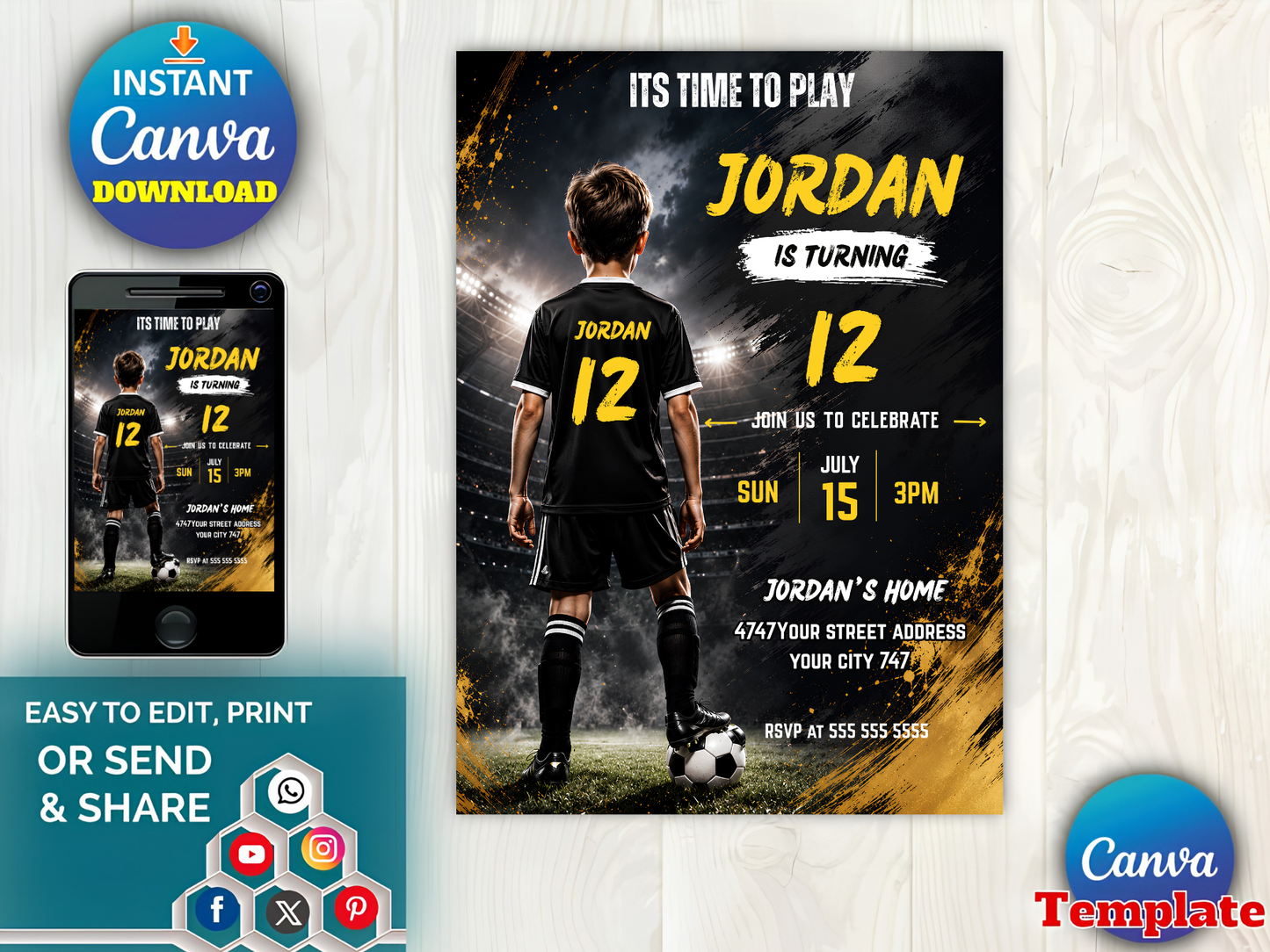 Soccer Birthday Invitation, Boys Sports Party Digital Invite, Football Party Evite, Soccer Invitation, Sports Theme, Editable Canva Template