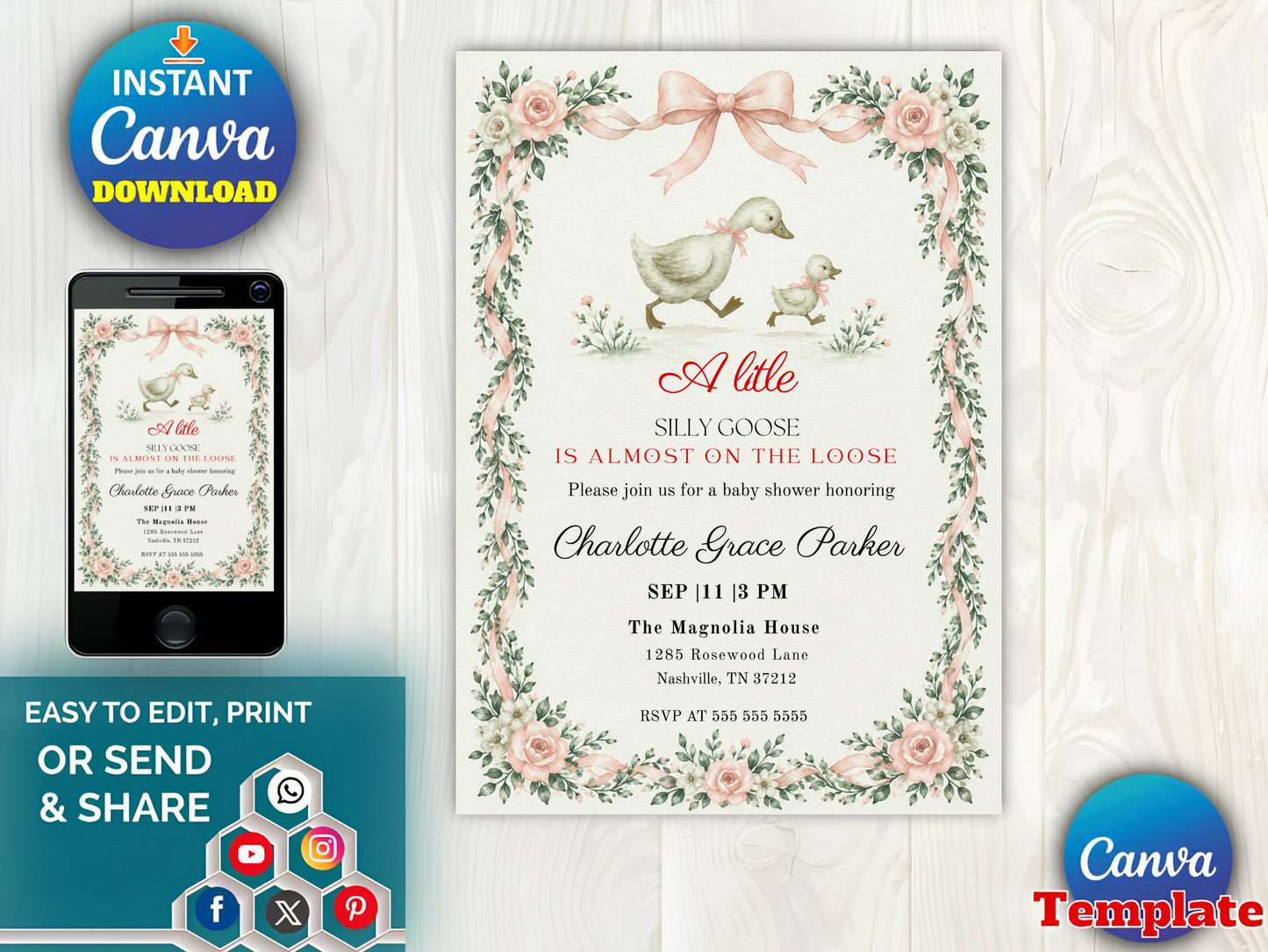Silly Goose Baby Shower Invitation Template, Pink Gingham Girl Baby Shower Invite, Silly Goose Invite, Digital Invitation, Canva
