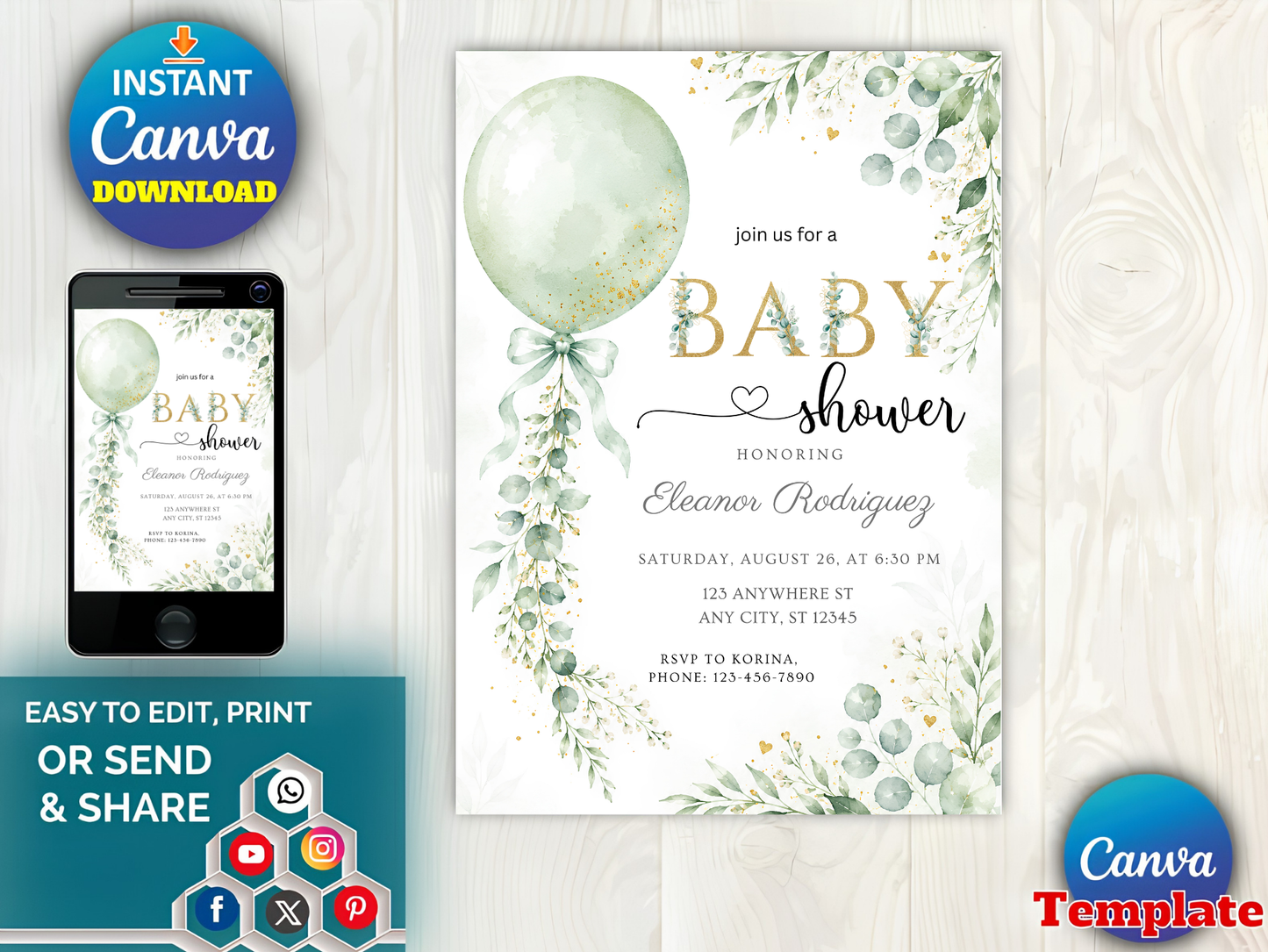 Greenery Baby Shower Invitation Editable Template, Sage Green Balloon Eucalyptus Invite, Gold Glitter Baby Shower, Canva Template