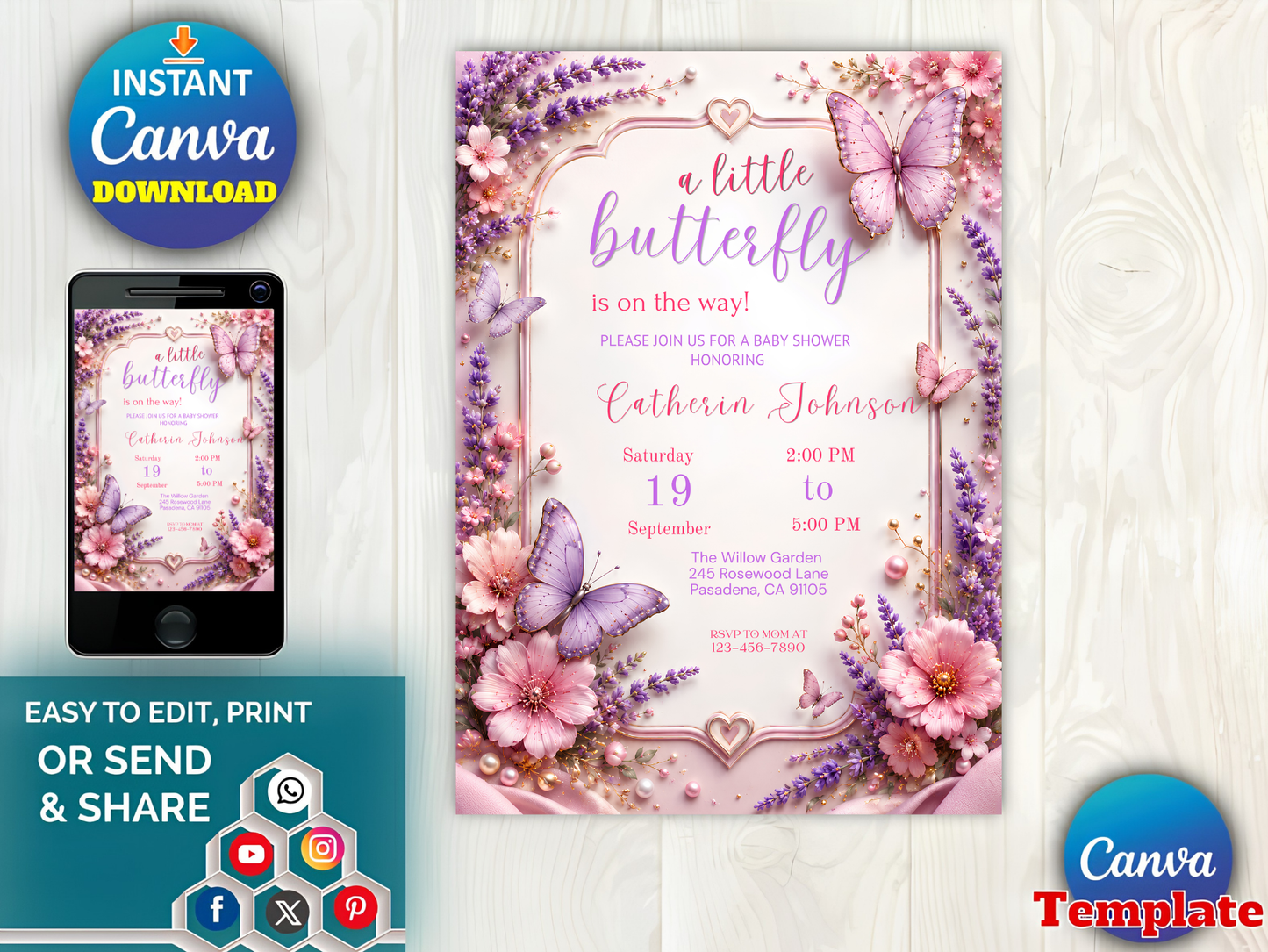 Editable Butterfly Baby Shower Invitation for Girl, Watercolor Floral Canva Template