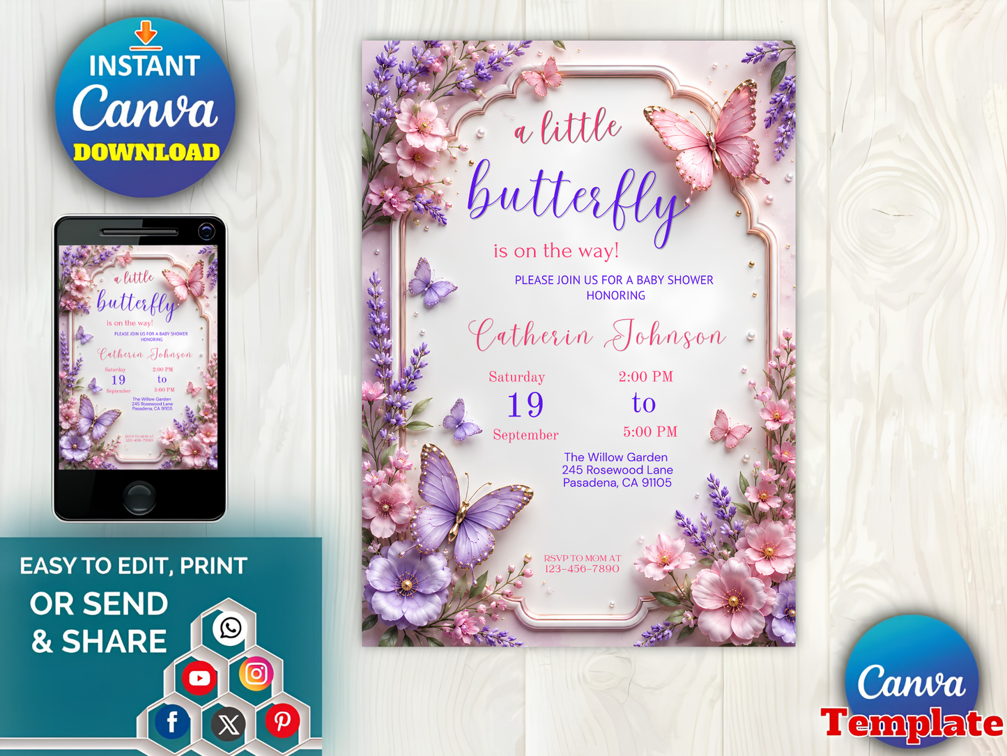 Editable Butterfly Baby Shower Invitation, Baby Shower Invite, Butterfly Invitation, Canva Template, Instant Download