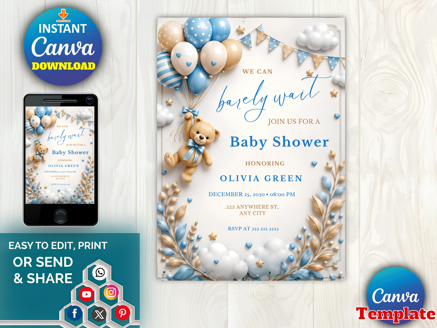 Editable Brown Bear Balloon, We Can Bearly Wait Baby Shower Invite, Teddy Bear Baby Shower, Canva Template, Instant Download