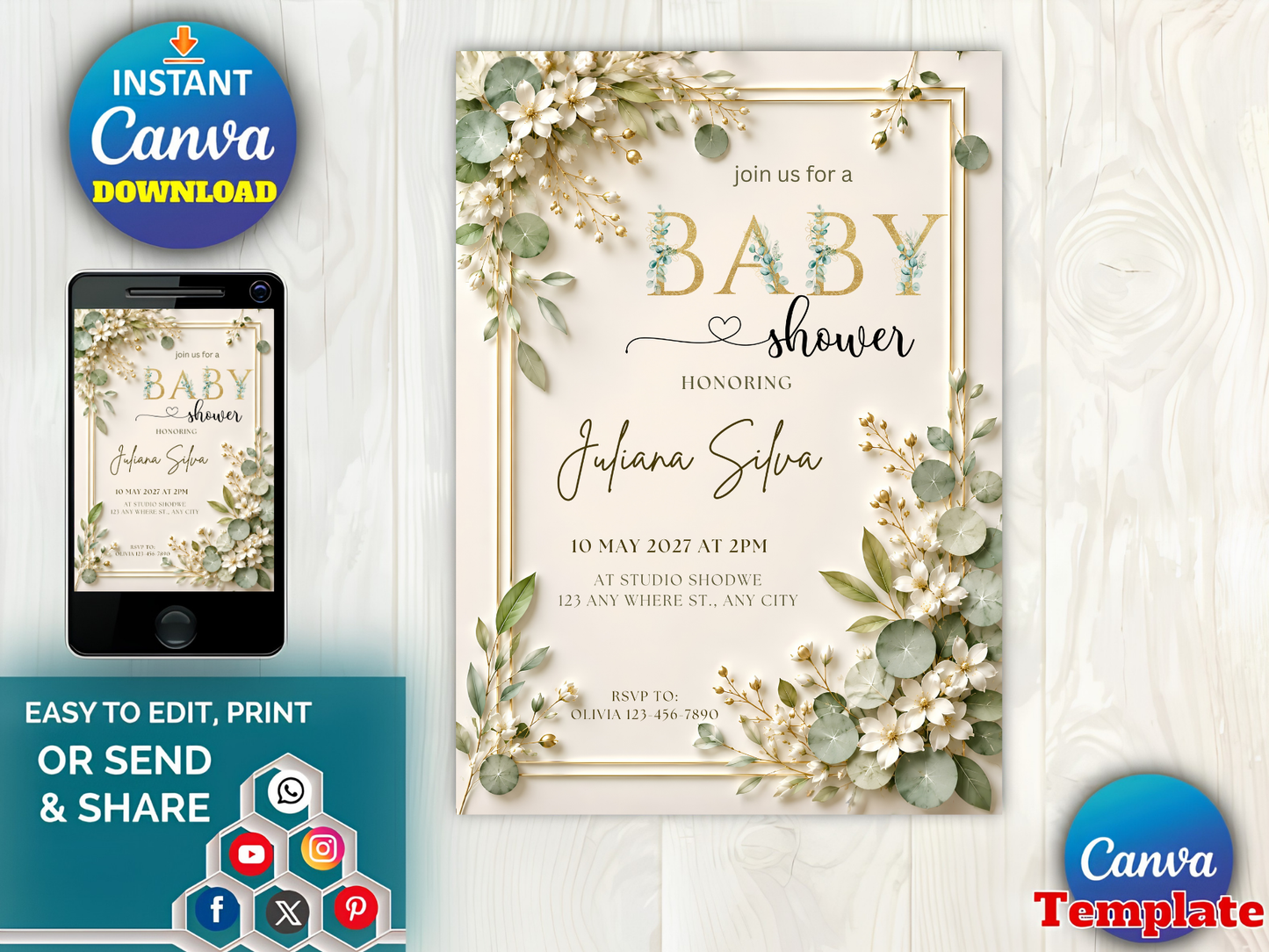 EDITABLE Elegant Baby Shower Invitation Green Leaves and Gold Baby Invite White Flowers Baby Shower Simple Baby Shower Invitation