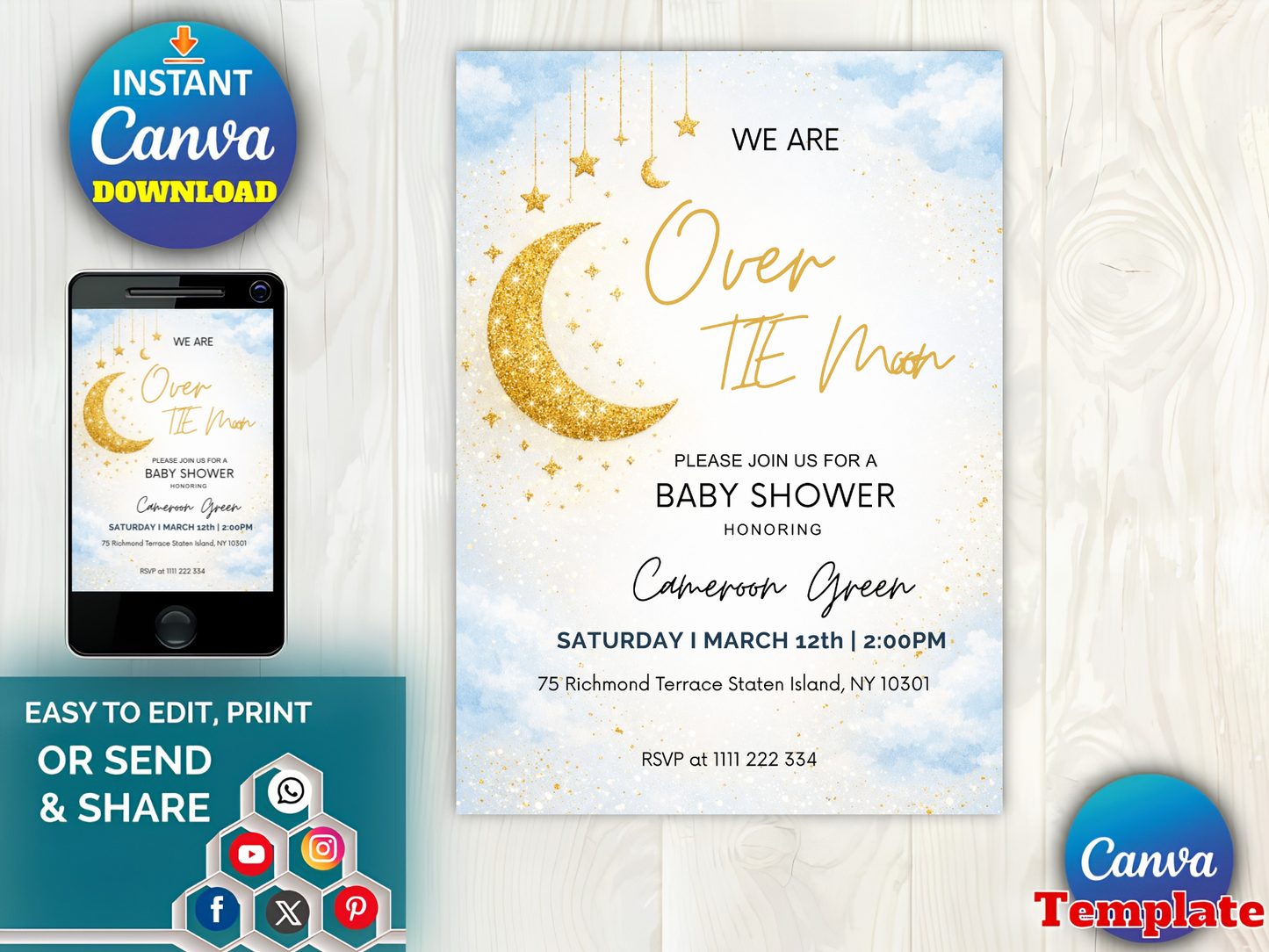 Editable Blue We are Over the Moon Baby Shower Invitation