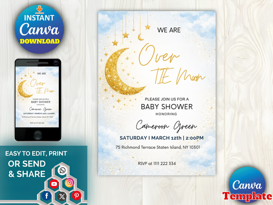 Editable Blue We are Over the Moon Baby Shower Invitation