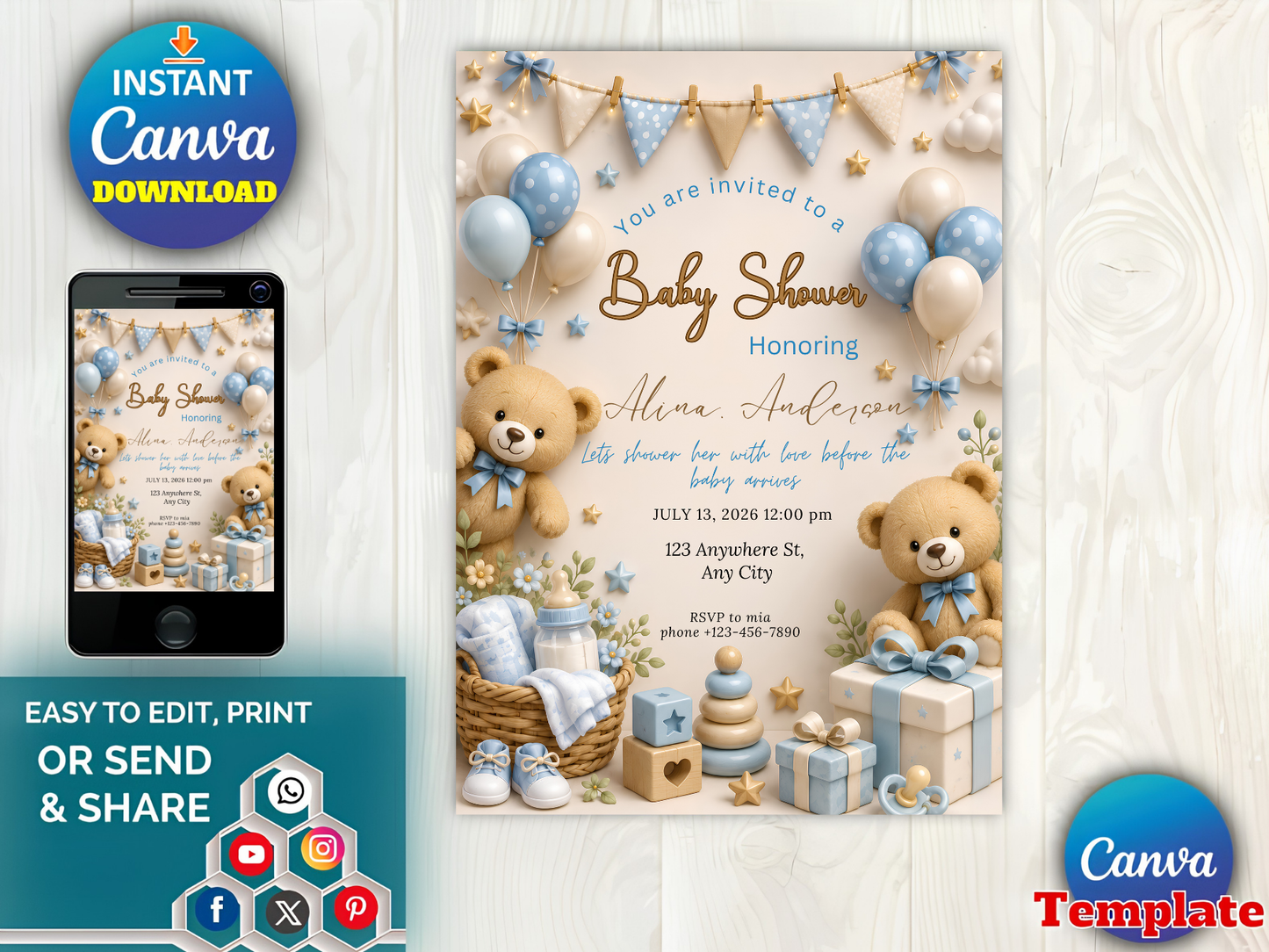 Baby Shower Invitation Template, Editable Canva Baby Shower Invite, Teddy Bear Baby Shower Invitation, Blue Boy Shower, Instant Download