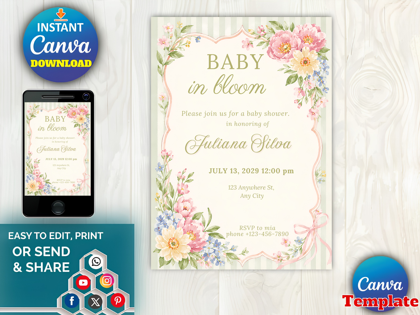 Baby in bloom shower invitation easy to edit print or share