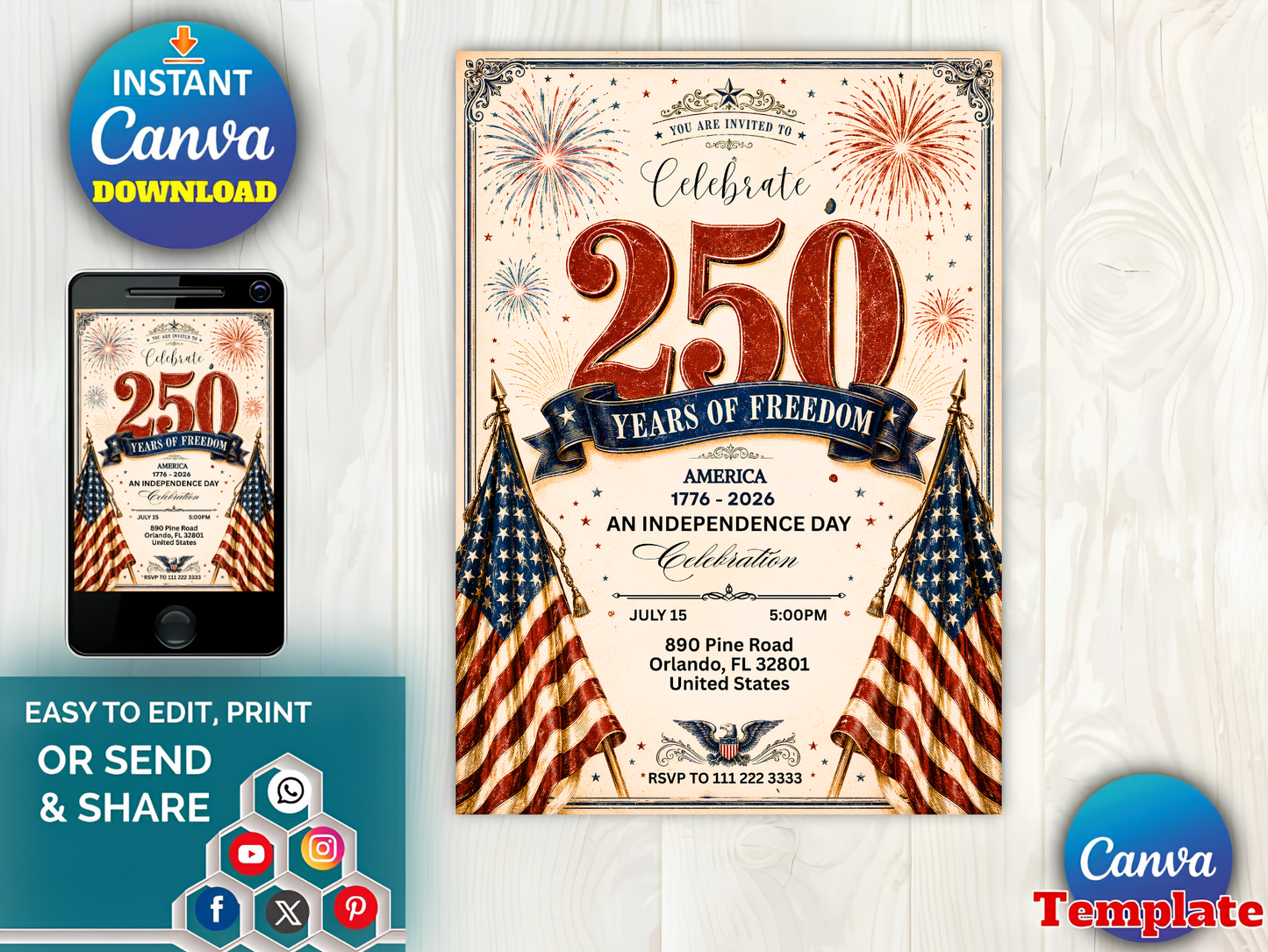 America 250 Party Invite, 4th of July Invitation, Patriotic BBQ, 250 Years of Freedom Celebration, Editable Canva Template