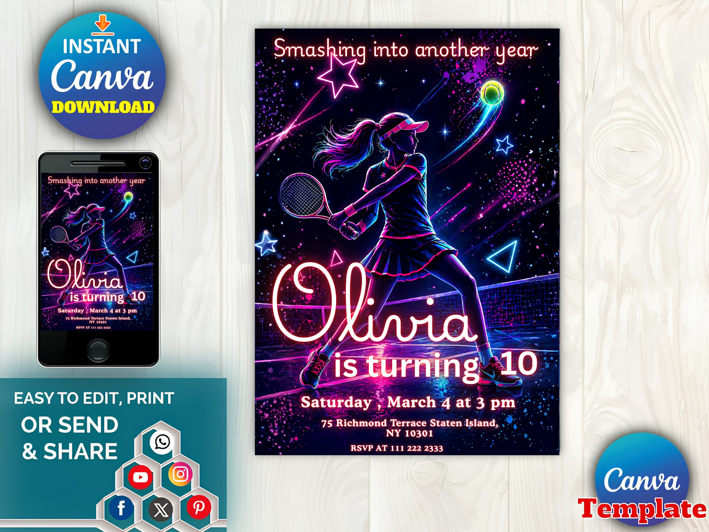 Tennis Birthday Invitation, Neon Girl Tennis Invitation, Girl Sports Party Invite, Tennis Theme Birthday Party, Editable Canva Template