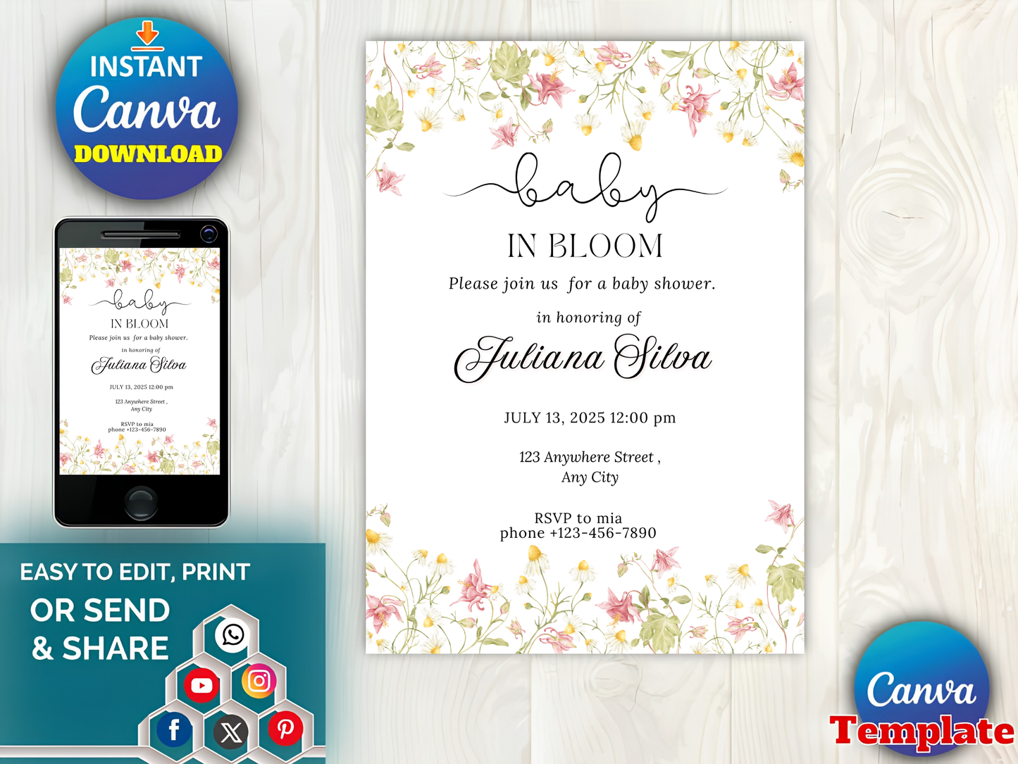 Editable Baby in Bloom Baby Shower Invitation, Wildflower Baby Shower Invite, Pink Spring Flowers Baby Shower Invitation, Canva Template