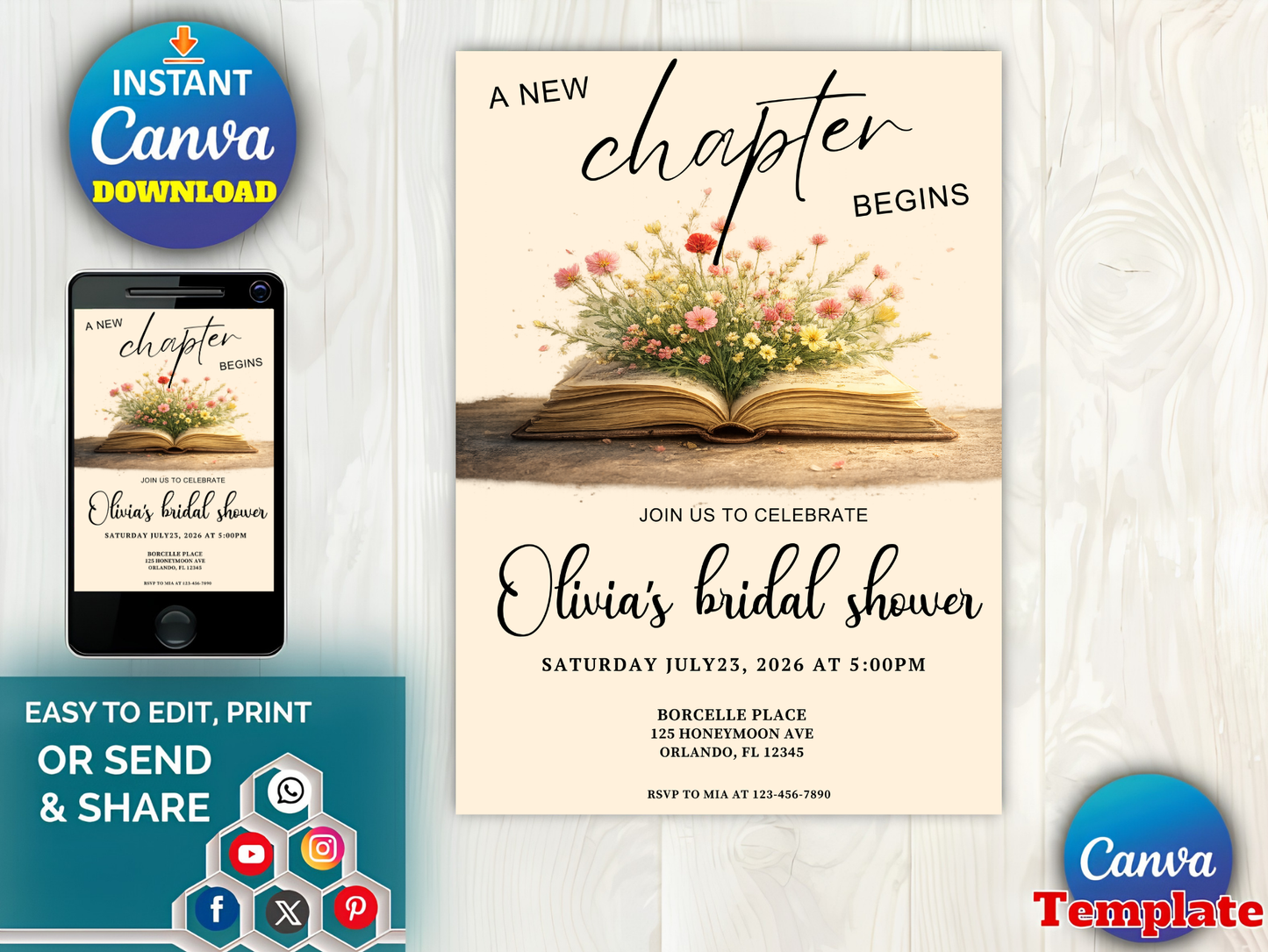 A New Chapter Bridal Shower Invite Set, Book Themed Bachelorette Party, Editable in Canva