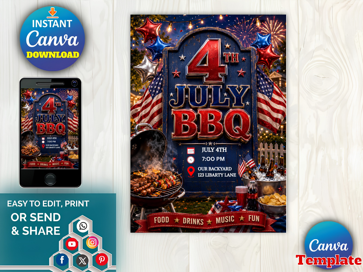 Editable 4th of July Party Invitation Template | USA Independence Day Fireworks Invite Canva