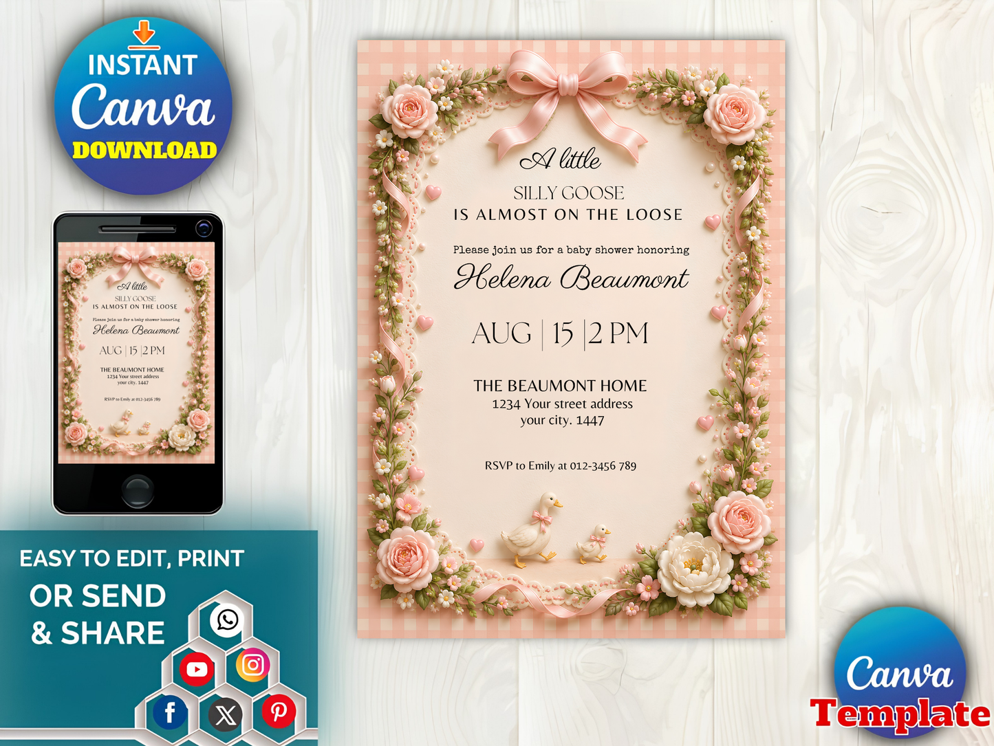Silly Goose Baby Shower Invitation Girl, Pink Coquette Bow Goose Invite, A Little Silly Goose Is Almost On The Loose, Editable Canva Template Download