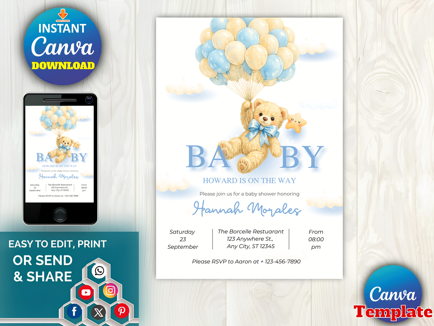 Editable Brown Bear Balloon Baby Shower Invitation, We Can Bearly Wait Baby Shower Invite, Blue Boy Boho Bear Baby Shower Canva Digital