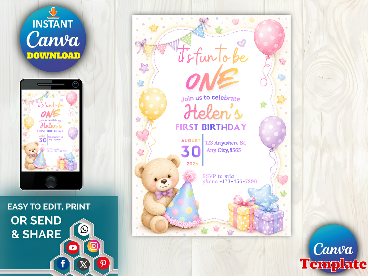 Birthday invitation easy to edit print or share flat lay