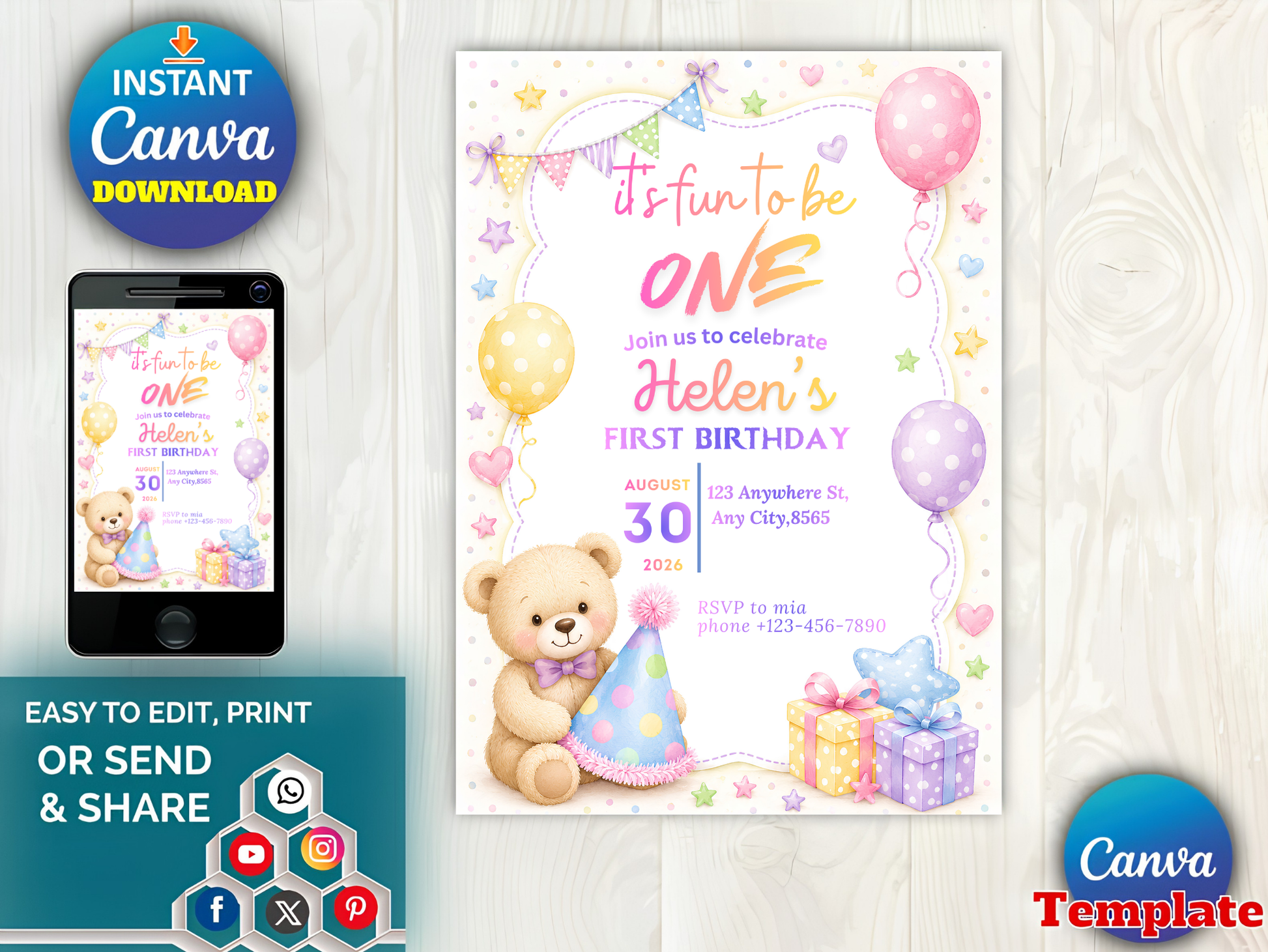Birthday invitation easy to edit print or share flat lay