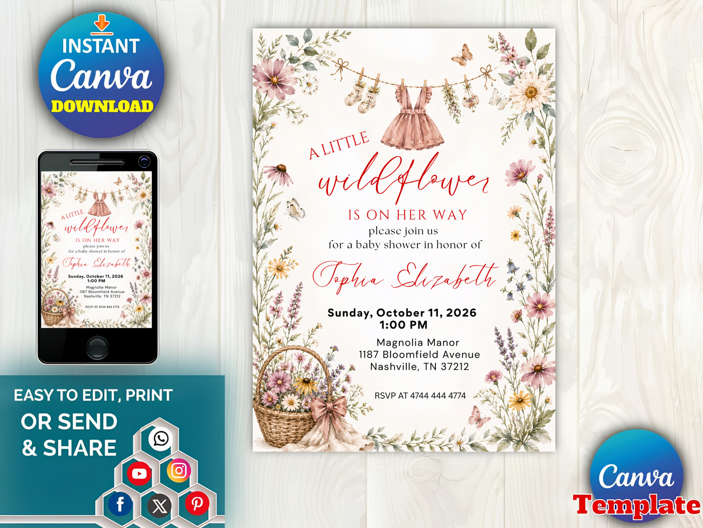 A Little Wildflower Baby Shower Invitation, Dress Wildflower Baby Shower Invite, Baby in Bloom, 5x7", Canva Template
