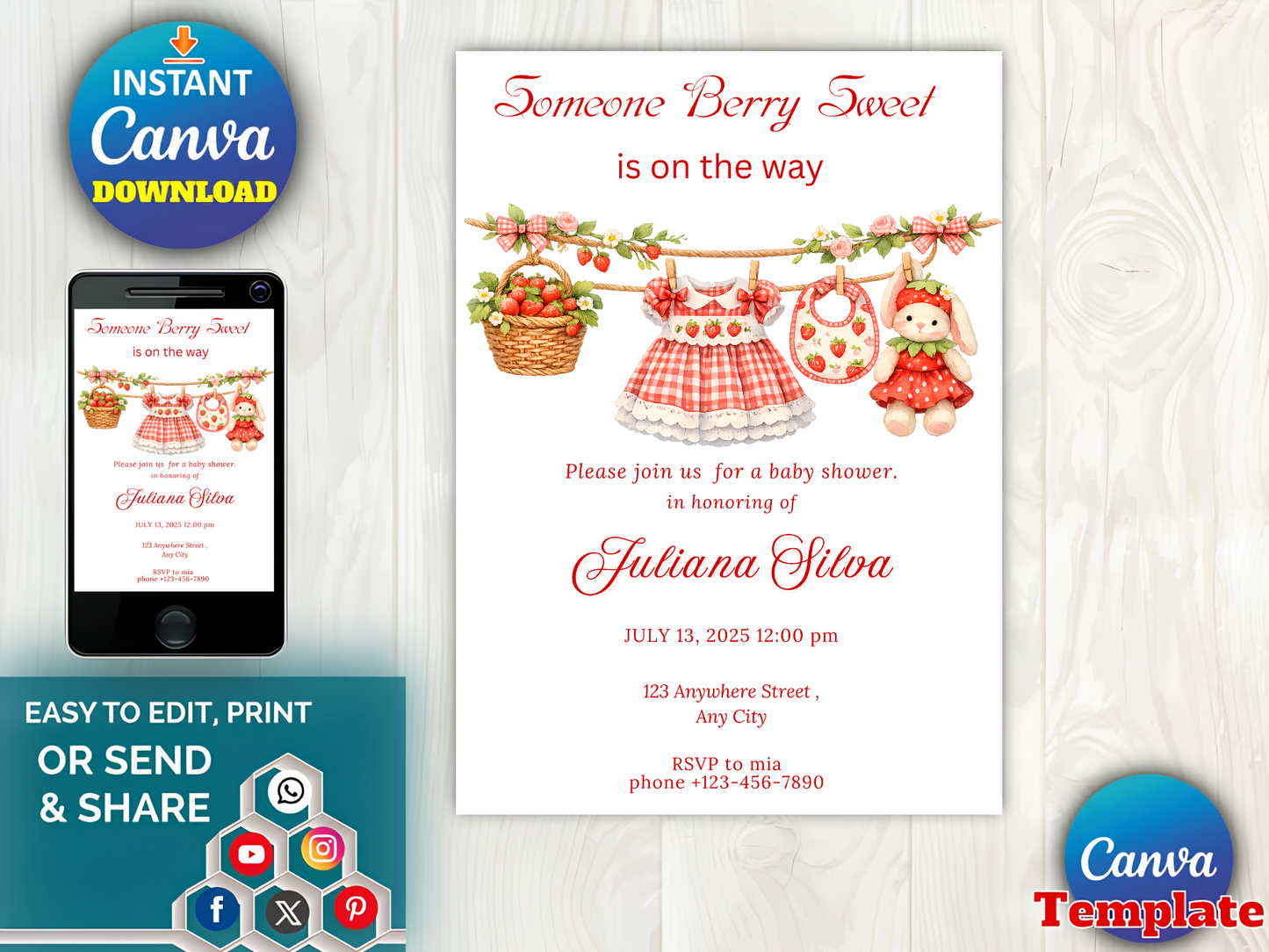 Berry Sweet Baby Shower Invitation Template : Boho Girl Clothesline Strawberry Party Invite (Canva Editable, Instant Download)