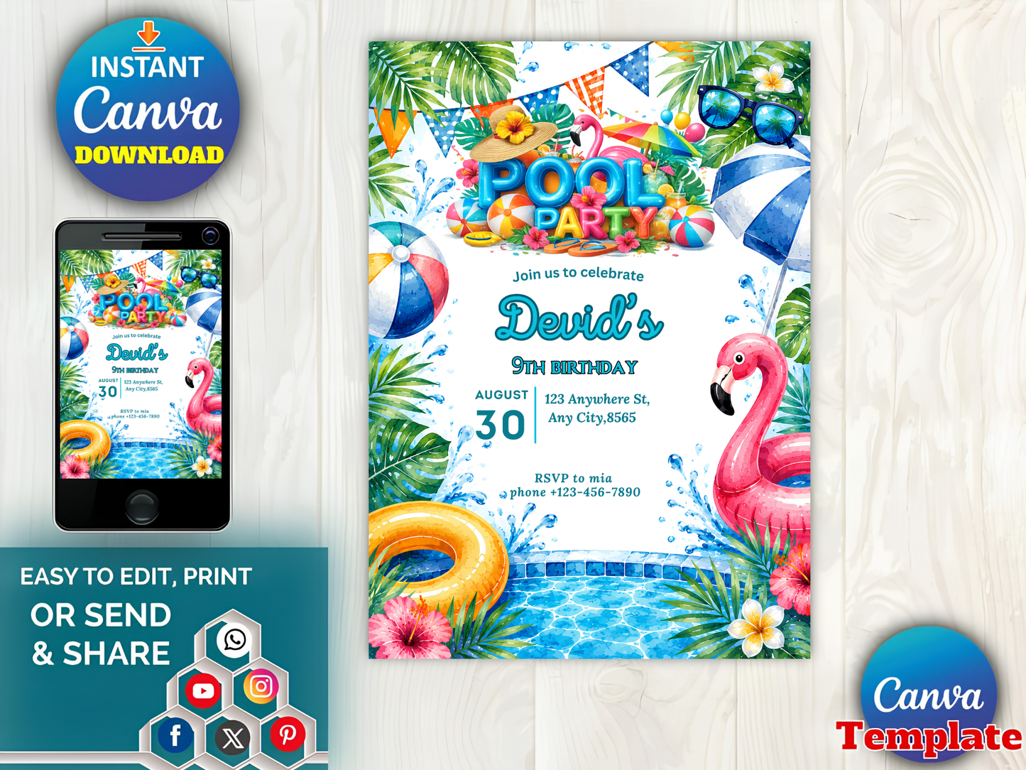 Pool Party Birthday Invitation, Pool Party Invite, Summer Pool Party, Pool Party Birthday, Teenage Birthday, Editable Canva Template