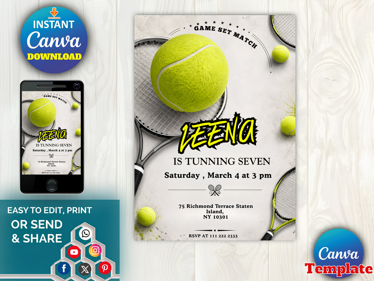 Tennis Birthday Invitation Template, Editable Sports Party Invite (Digital Download)