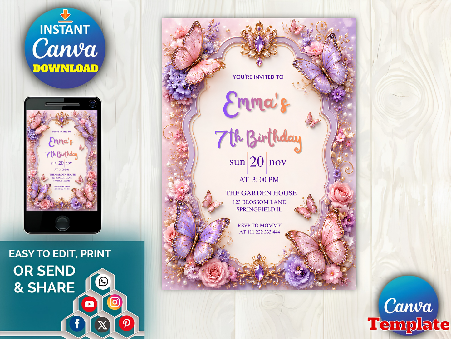 Butterfly Birthday Invitation Template, Floral Editable Invite, Girl Birthday Party Canva Template, Purple Pink, Instant Download