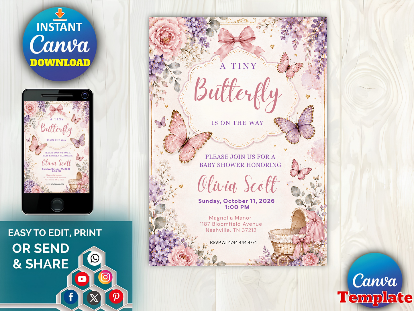 A Tiny Butterfly Baby Shower Invitation Canva Template, Floral Girl Shower Invite, Pink Purple Editable Butterfly Baby Shower Invitation