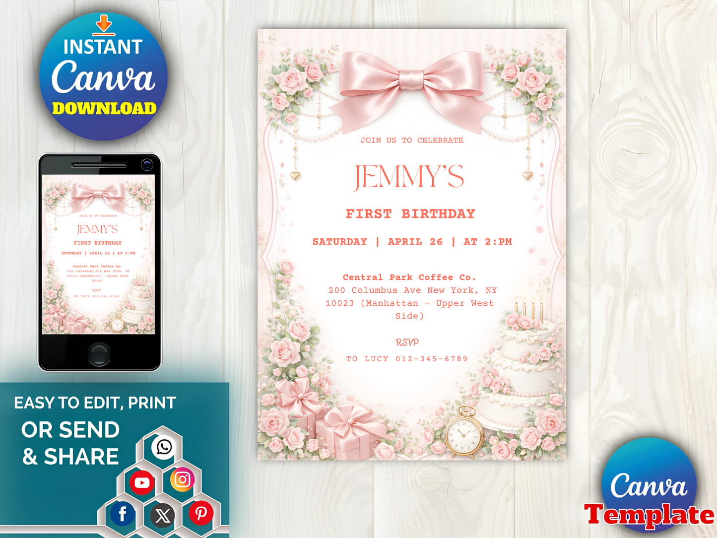 Editable Elegant Pink Rose 1st Birthday Invitation Template | Coquette Pink Bow Party Invite (Degital Template)