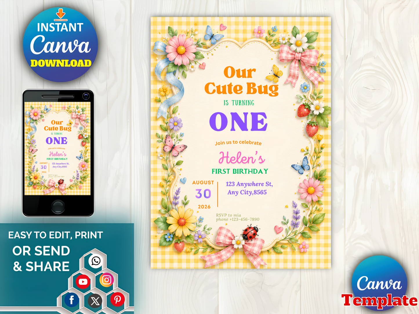 Our Cute Bug Birthday Invitation, Bug Birthday Party Invite, Butterfly Ladybug Garden Party, Any Age Birthday, Editable Canva Template