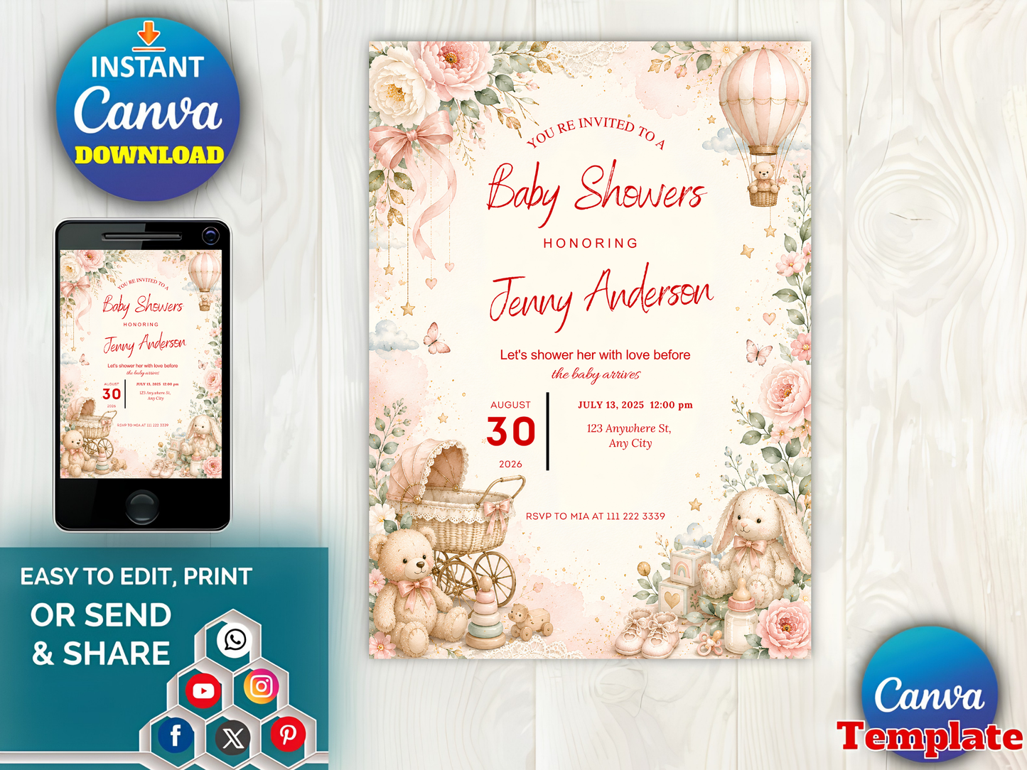 Sage Green Teddy Bear Invite, Baby Shower Invitation Template, Canva Card (Digital Download)