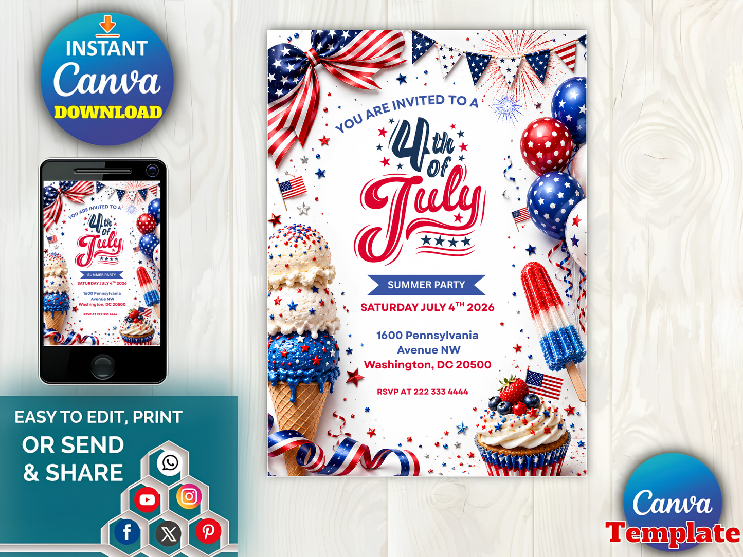 4th of July Invitation Template, USA Independence Day Invitation, Summer Party Invitation, Editable Canva BBQ Invite,