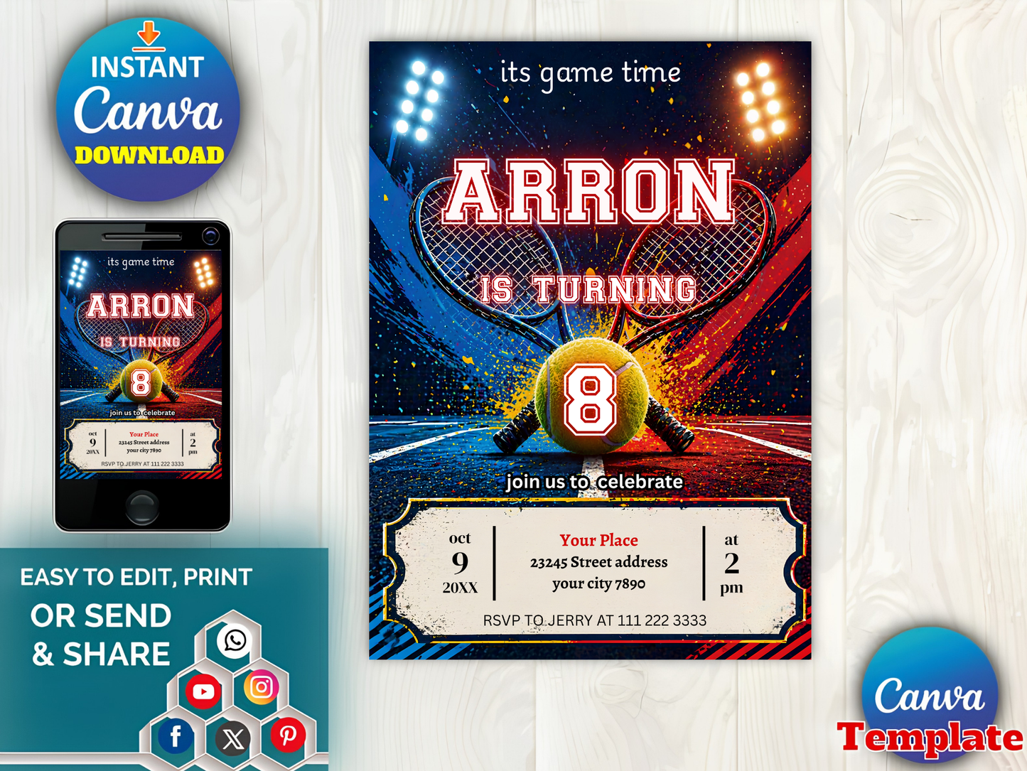 Tennis Birthday Invitation, Any Age, Editable Tennis Ticket Bday Party, Printable Digital Template, Mobile Invite Card, Instant Download