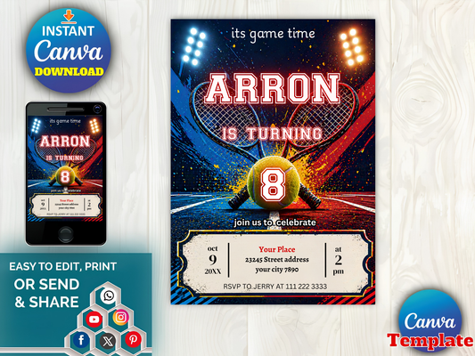 Tennis Birthday Invitation, Any Age, Editable Tennis Ticket Bday Party, Printable Digital Template, Mobile Invite Card, Instant Download
