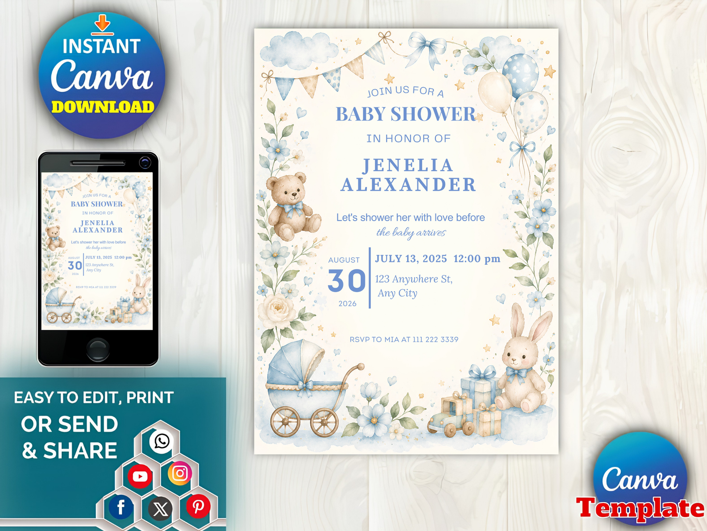Blue Baby Shower Invitation Template, Vintage Nursery Toys Invite, Teddy Bear Rocking Horse, Floral Editable Printable Download