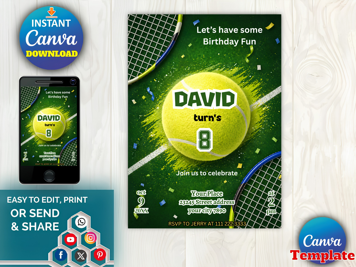 Tennis Birthday Invitation Template Editable, Tennis Party Invite, Kids Sports Birthday Invite, Tennis Ball Invite, Printable Tennis Invite