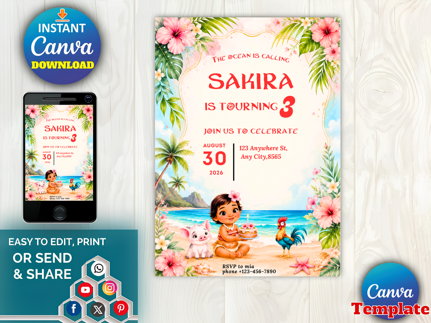 The Ocean Is Calling Birthday Invitation Girl, Polynesian Princess Beach Invite, Luau Birthday Canva Template Digital Download
