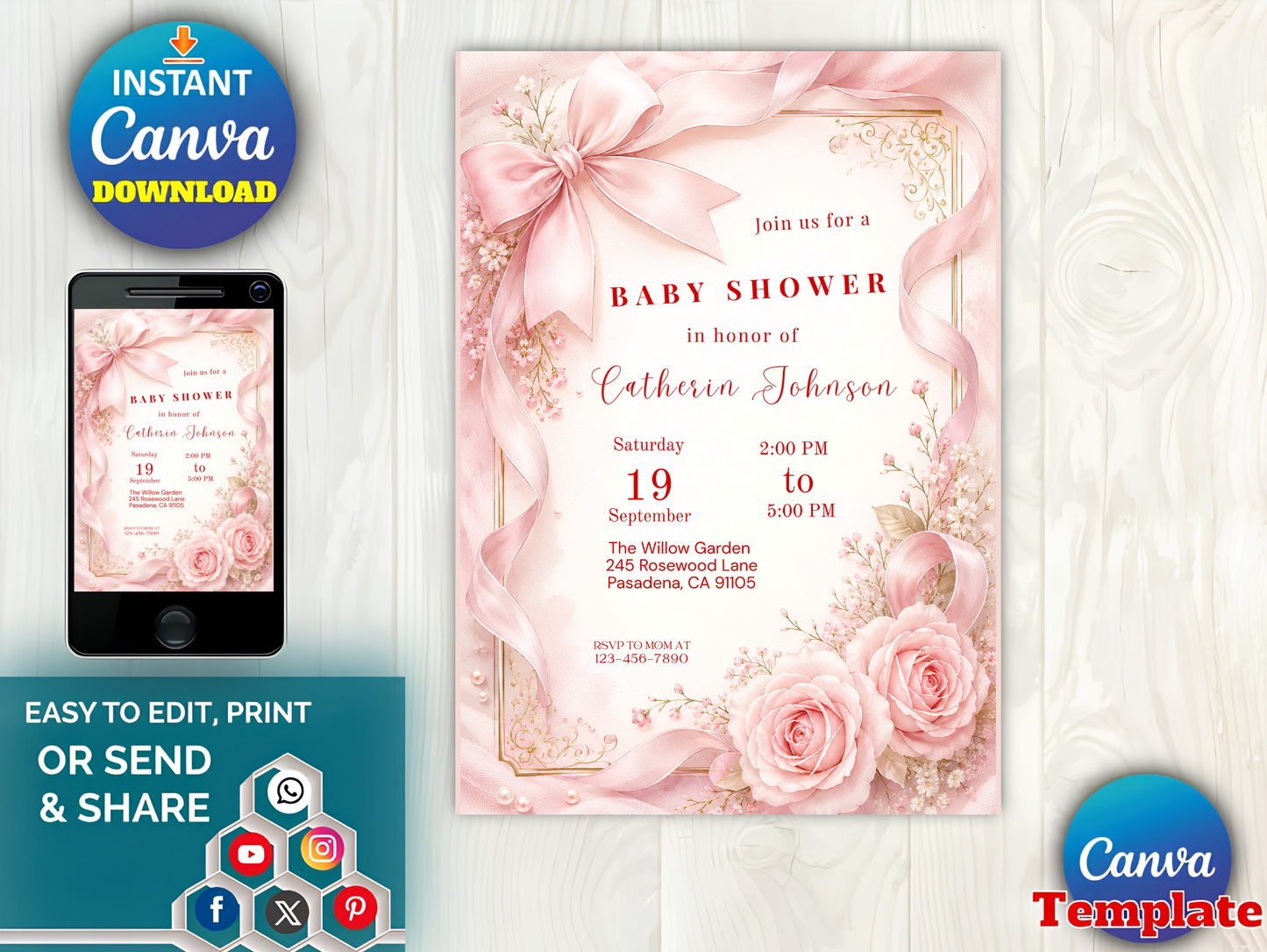Blush Pink Bow Baby Shower Invitation Template Baby Girl Shower Canva Template Elegant Pink Coquette Baby Shower Invitation Instant Download