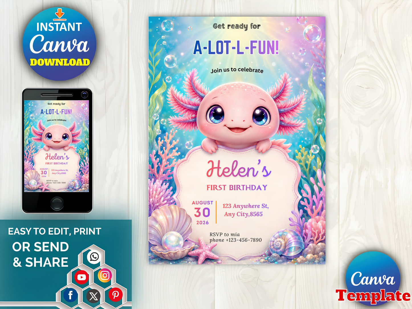 Axolotl Birthday Invitation Girl, A-Lot-L-Fun Underwater Invite, Cute Pink Axolotl 1st Birthday Canva Template Digital Download