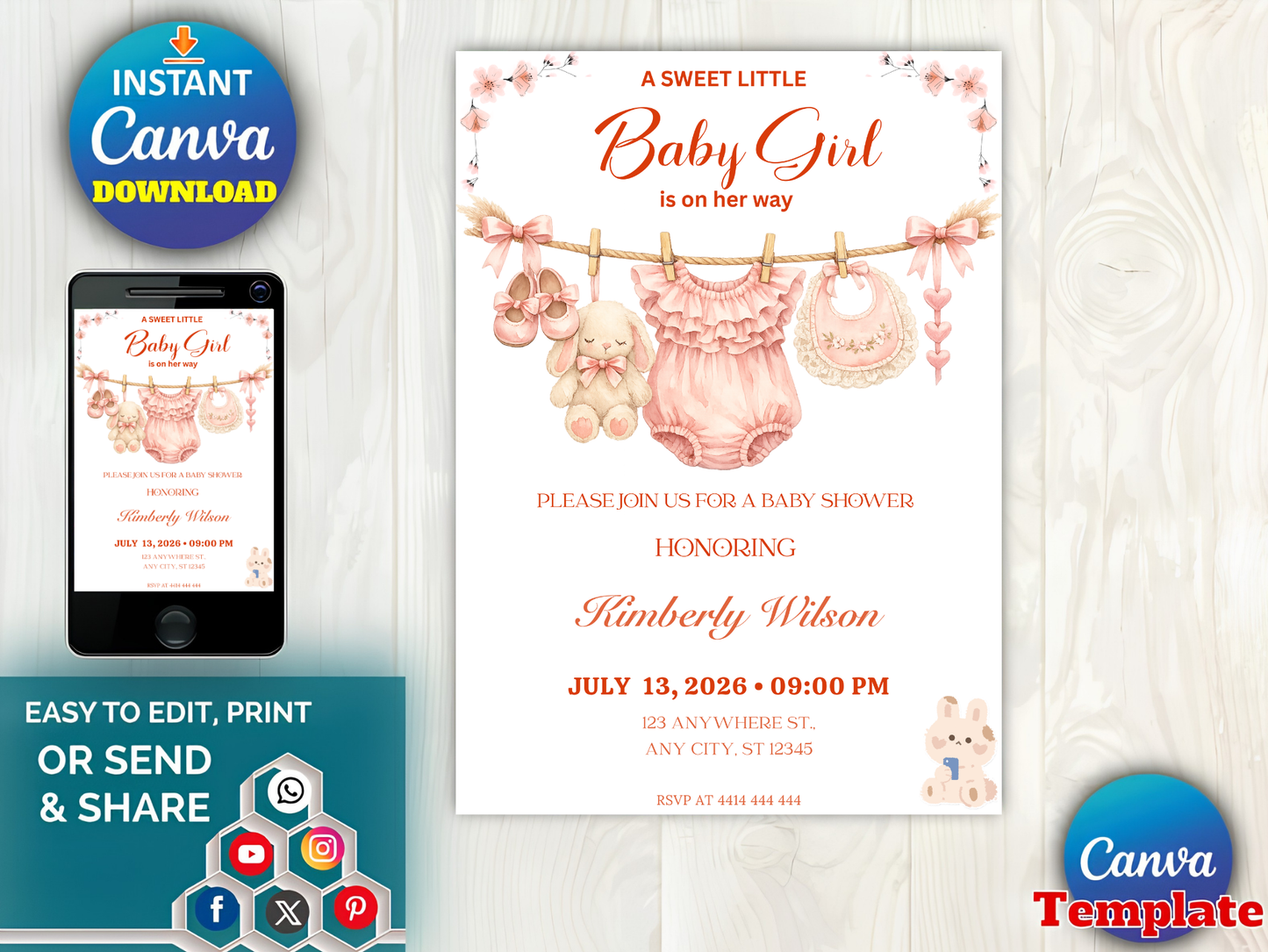 Pink Baby Clothes Sweet Baby Girl Invitation, Pink Floral Clothesline Invite, A Sweet Baby Girl is on Her Way Baby Shower, Editable Canva