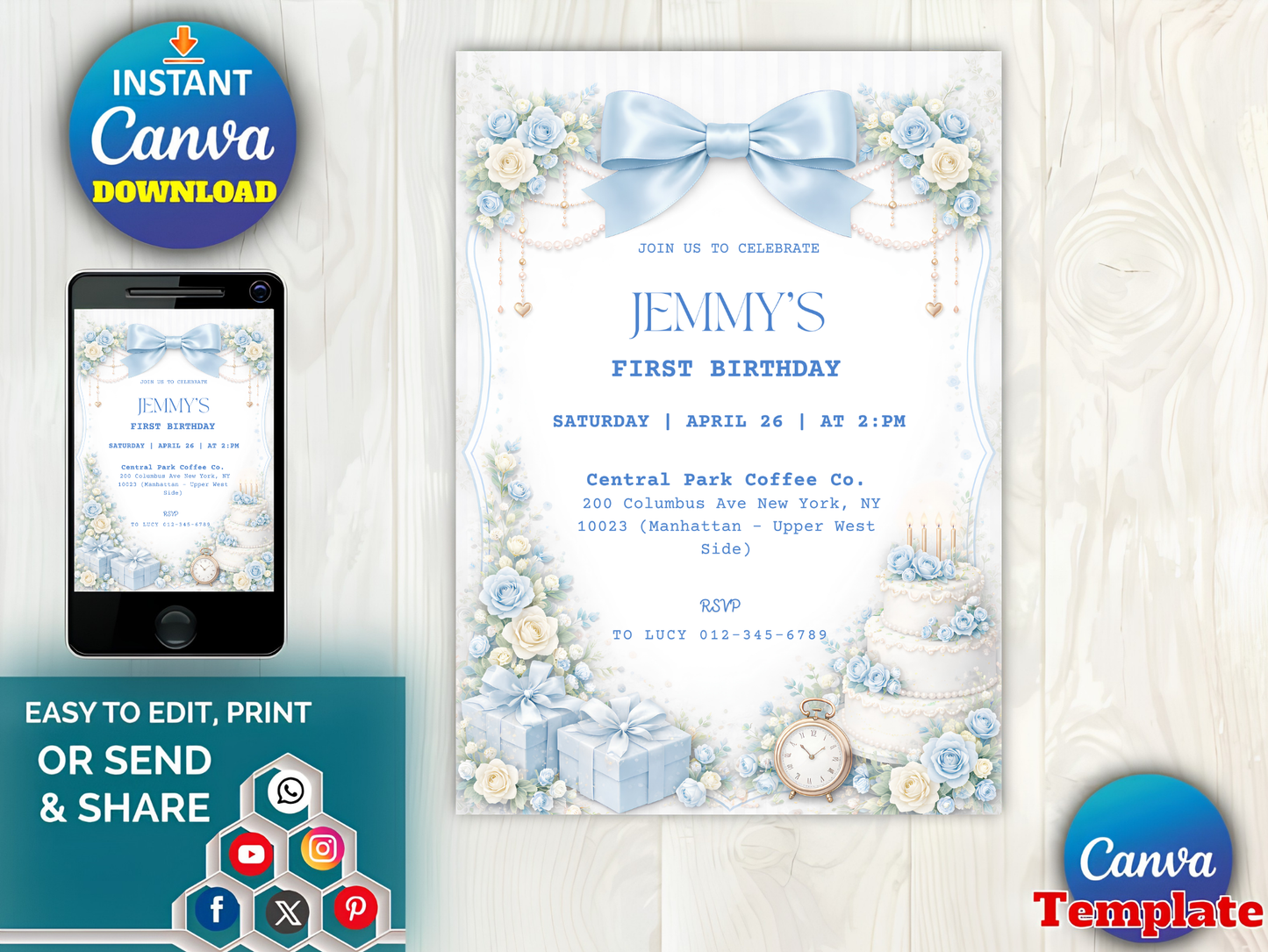 Editable Elegant Blue Rose 1st Birthday Invitation Template | Coquette Blue Bow Party Invite (Degital Template)