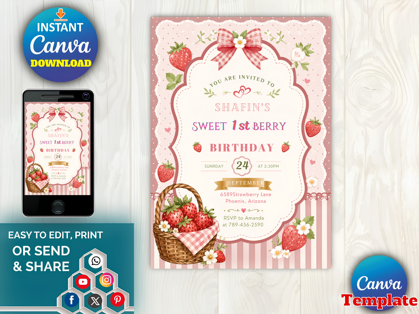 Strawberry Birthday Invitation, Berry First Birthday Invitation, Strawberry Thank You Tags (Digital Download)