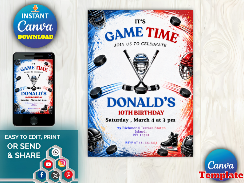Ice Hockey Birthday Party Invitation, Ice-Skating Invite, Double Sided Winter Skating, Kids Hockey Bday Party Printable, Editable Canva