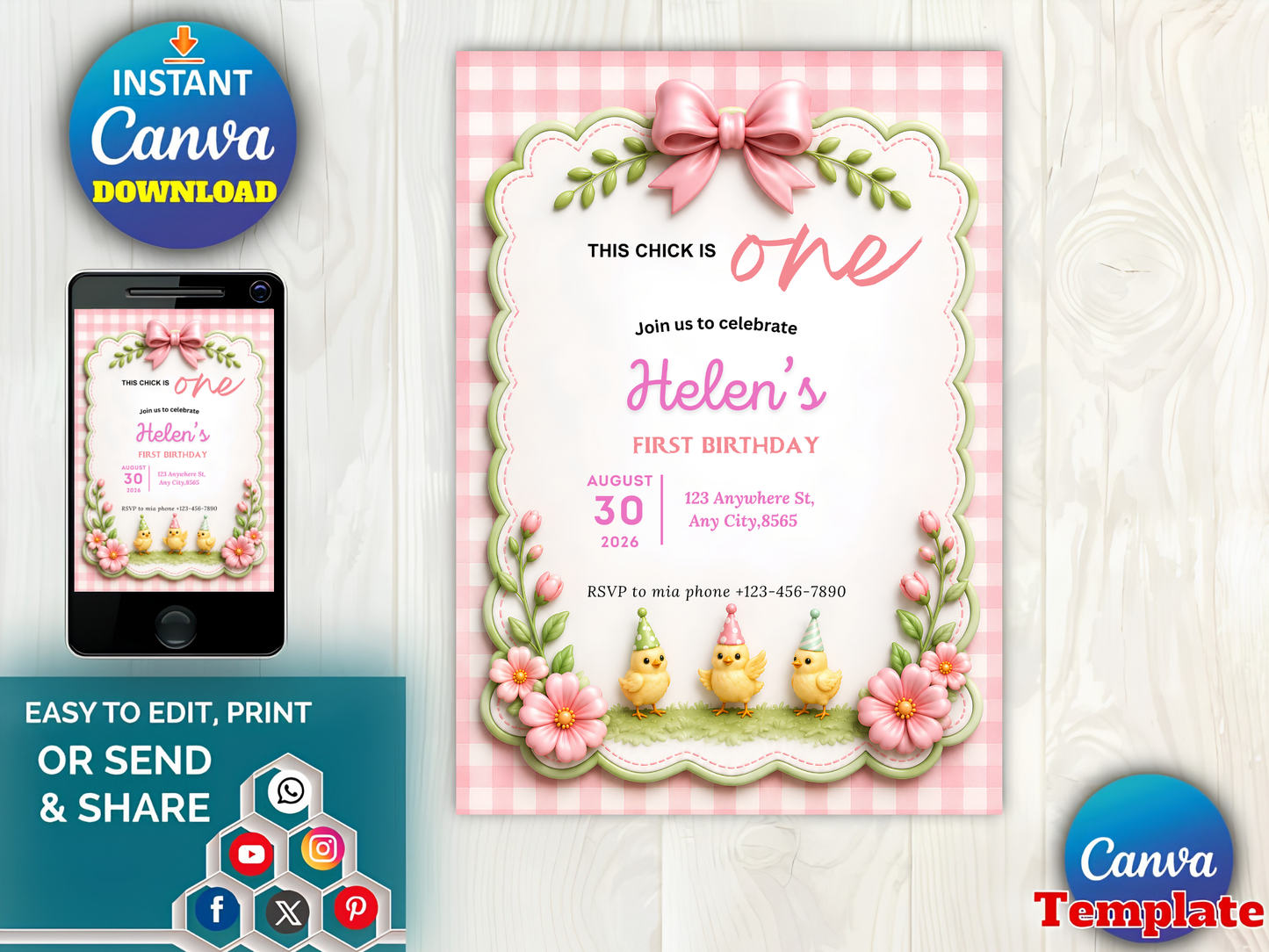 This Chick Is One Invitation – Baby Chick Girl 1st Birthday Editable Canva Template