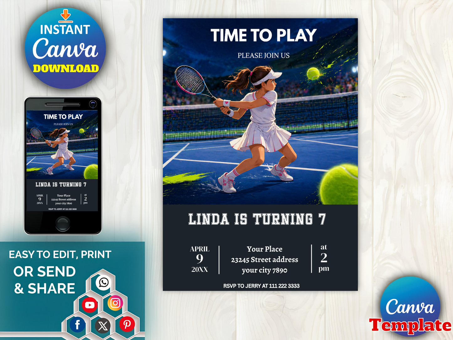 Tennis Birthday Invitation: Pink Preppy Girls Sports Party Reveal Editable Canva Template (Digital Download Design)