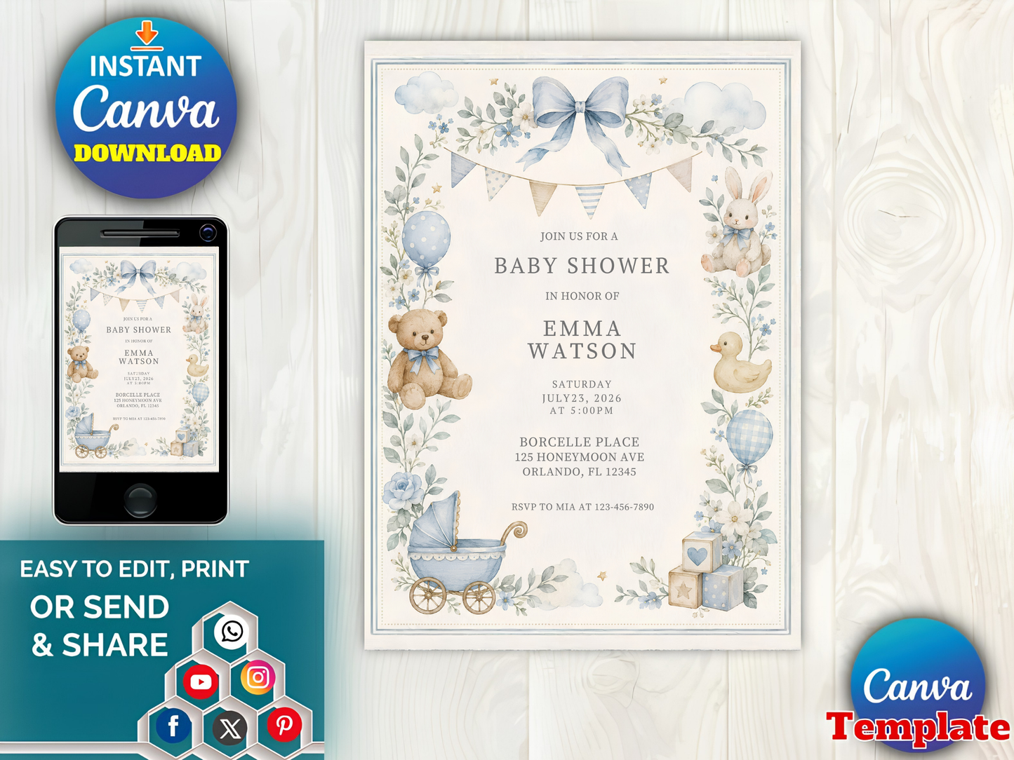 Blue Baby Shower Invitation Template, Vintage Nursery Toys Invite, Teddy Bear Rocking Horse, Floral Editable Printable Download