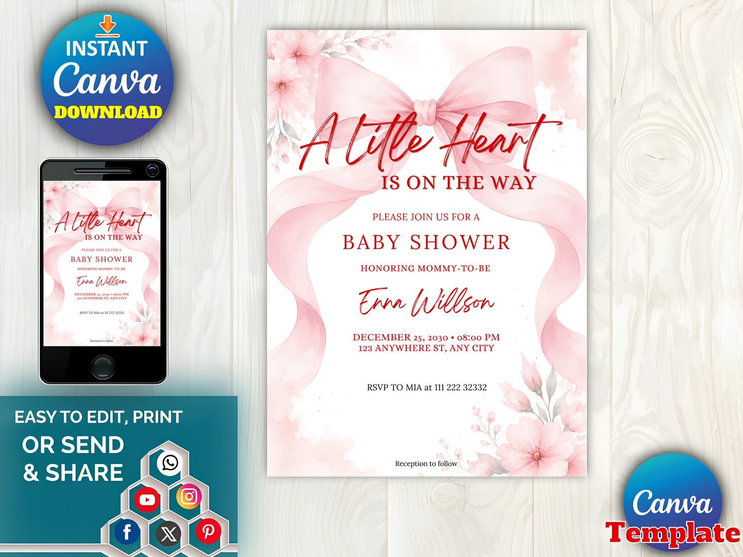 Pink Bow Baby Shower Invitation Template 5x7 | Baby Girl Shower Canva Invite Coquette Bow Baby Shower | Editable Text Only Instant Download
