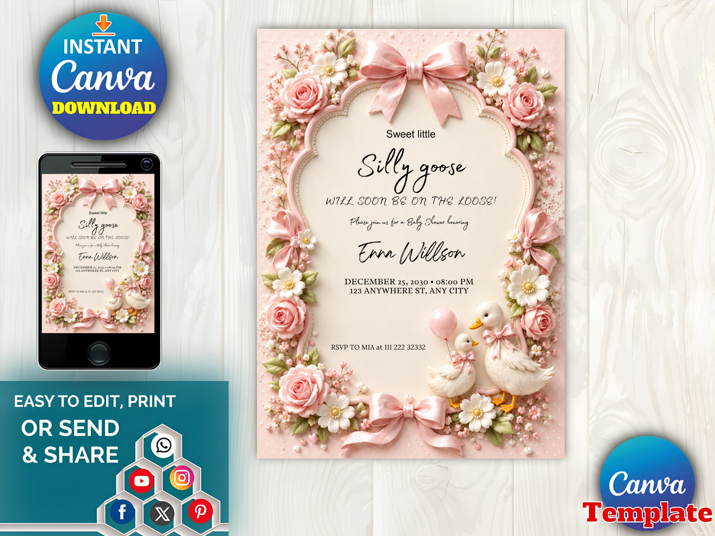 Silly Goose Girl Baby Shower Invitation: Coquette Pink Bow Goose Digital Download (5"x7" Editable Template)