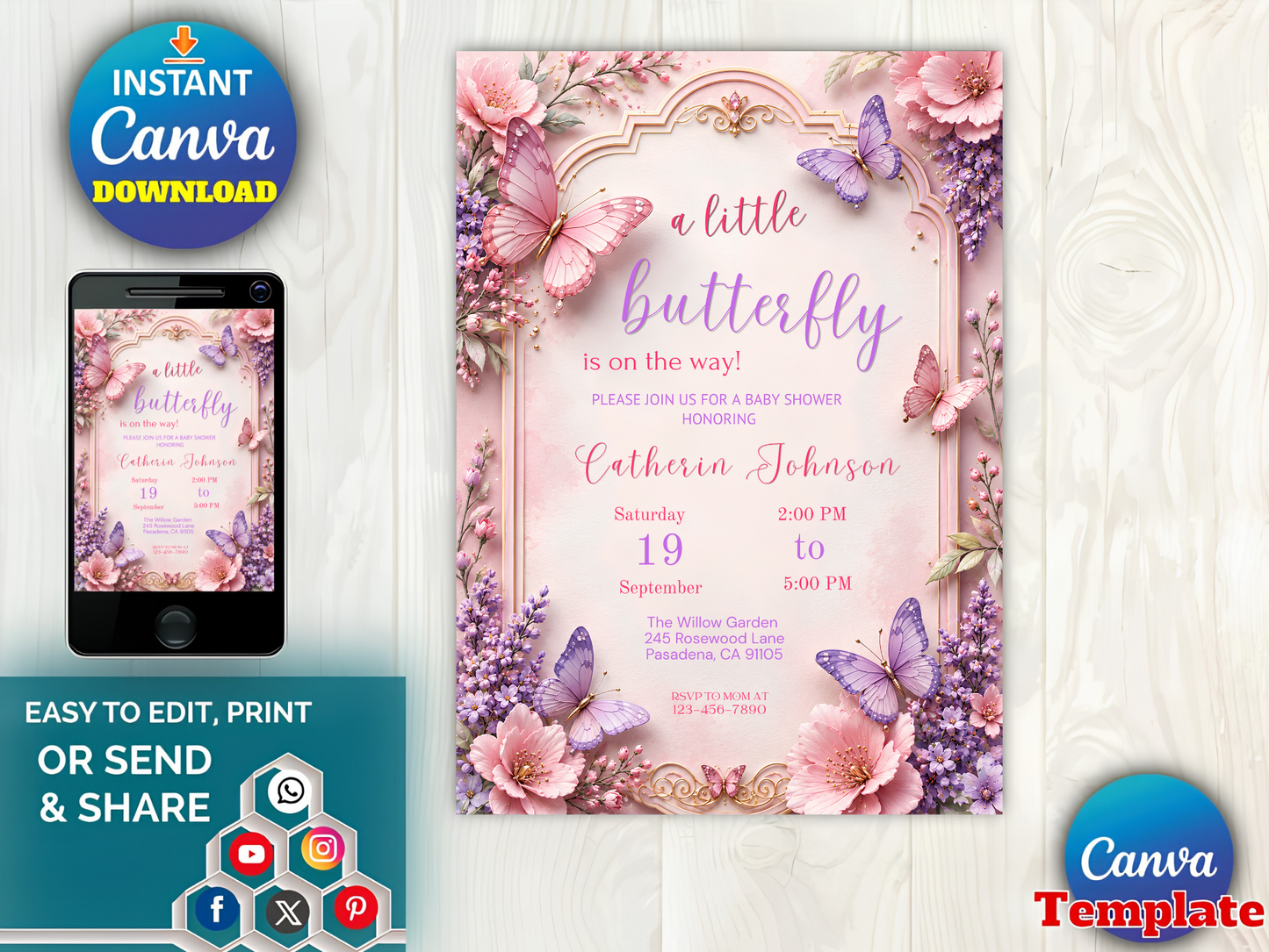 Butterfly Baby Shower Invitation Editable Template, Pink Purple Floral Butterfly Invite, Girl Baby Shower, Canva Template