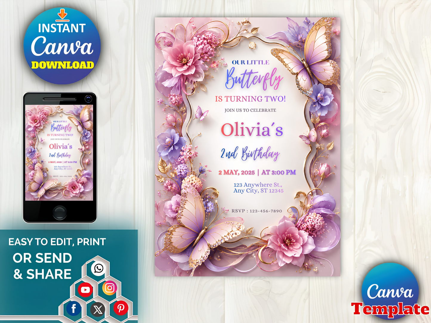 Canva digital invitation template preview for a butterfly-themed second birthday party, shown on a phone mockup and as a larger card design. The design features pink and purple flowers, gold butterflies, and elegant script text on a light wood background, with promotional badges reading 'Instant Canva Download' and 'Canva Template'.